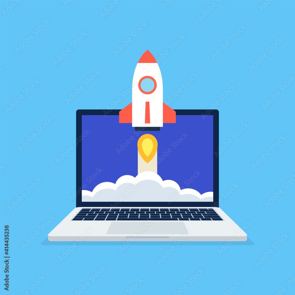 Poster startup business project concept with red rocket launch from laptop screen on blue background. vecto