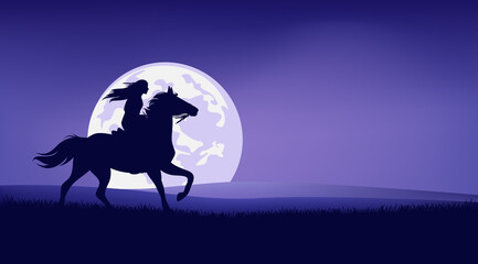 native american woman riding horse in praitie against full moon - legend wild west scene silhouette landscape vector design
