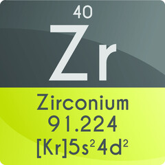 Zr Zirconium Transition metal Chemical Element Periodic Table. Square vector illustration, colorful clean style Icon with molar mass, electron config. and atomic number for Lab, science or chemistry