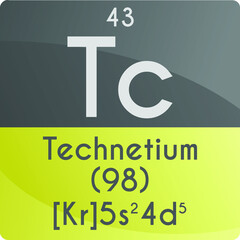 Tc Technetium Transition metal Chemical Element Periodic Table. Square vector illustration, colorful clean style Icon with molar mass, electron config. and atomic number for Lab, science or chemistry 