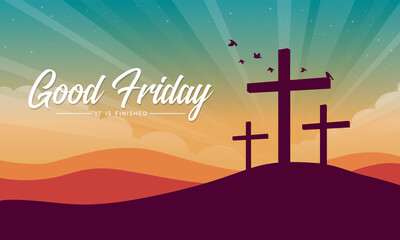 good friday, it is finished text banner with Cross crucifix on hill and bird flying at sunset for good friday vector design - 414435834