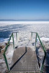 Frozen Lake Balaton with steel steps