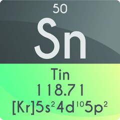 Sn Tin Post transition metal Chemical Element Periodic Table. Square vector illustration, colorful clean style Icon with molar mass, electron config. and atomic number for Lab, science or chemistry