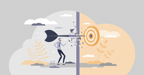 Achieving goals with success after obstacle breakthrough tiny person concept