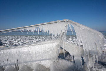 Frozen Lake Balaton with steel steps