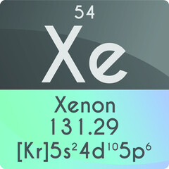 Xe Xenon Noble gas Chemical Element Periodic Table. Square vector illustration, colorful clean style Icon with molar mass, electron config. and atomic number for Lab, science or chemistry education.
