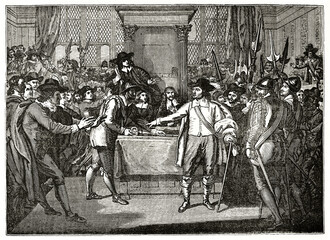 Cromwell and a band of soldiers interrupting Parliament. Ancient grey tone etching style art by West, Magasin Pittoresque, 1838