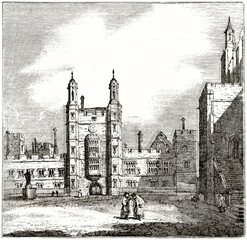 Eton college quadrangle, England. Large courtyard fronting elegant medieval stone buildings. Ancient grey tone etching style art by unidentified author, Magasin Pittoresque, 1838