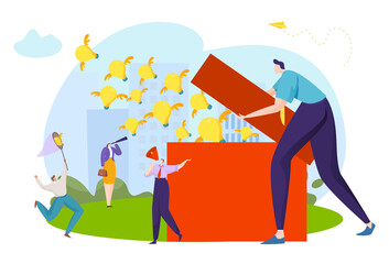Businessman spreading bulb ideas concept, creative creativity, business inspiration, design cartoon style vector illustration. Bright image, active brainstorming, ambitious women, brilliant mind.