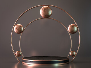 Elegant Golden empty podium on black background ,Luxury Blank product stand ,3d rendering.