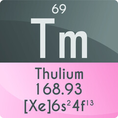 Tm Thulium Lanthanide Chemical Element Periodic Table. Square vector illustration, colorful clean style Icon with molar mass, electron config. and atomic number for Lab, science or chemistry education
