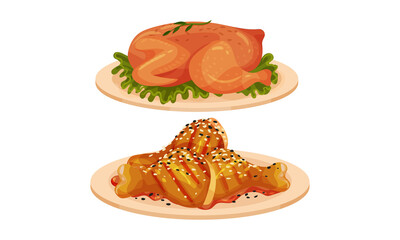 Meat Dishes with Whole Roasted Chicken and Legs Served on Plate Vector Set