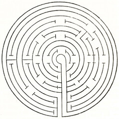 circular maze with goal in the center, isolated on white background. Ancient black and white outline art by unidentified author, Magasin Pittoresque, 1838
