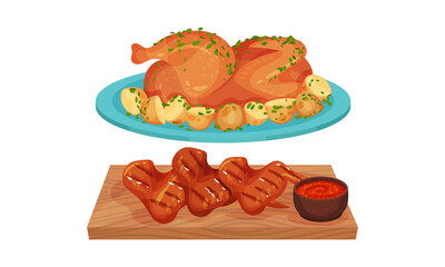 Meat Dishes with Roasted Chicken and Grilled Wings with Sauce Served on Plate Vector Set