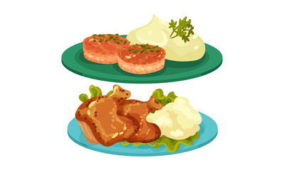 Meat Dishes with Patty Cake with Mashed Potato and Chicken Served on Plate Vector Set