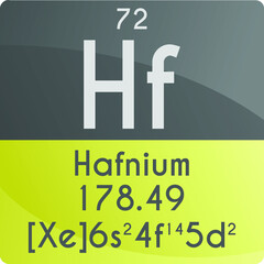 Hf Hafnium Transition metal Chemical Element Periodic Table. Square vector illustration, colorful clean style Icon with molar mass, electron config. and atomic number for Lab, science or chemistry