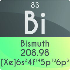 Bi Bismuth Post transition metal Chemical Element Periodic Table. Square vector illustration, colorful clean style Icon with molar mass, electron config. and atomic number for Lab, science class