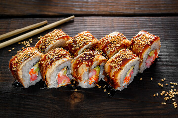 sushi with chopsticks