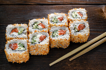 sushi with chopsticks