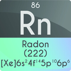 Rn Radon Noble gas Chemical Element Periodic Table. Square vector illustration, colorful clean style Icon with molar mass, electron config. and atomic number for Lab, science or chemistry education.