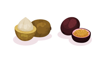 Ripe Exotic Fruits with Passion Fruit and Longan Vector Set