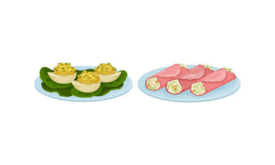 Finger Foods with Stuffed Eggs and Ham Wraps as Small Portion of Food Vector Set