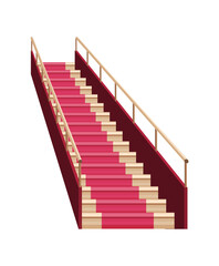 Staircase luxurious wooden covered red carpet. Wooden staircase icon. Isolated cartoon flat vector stairs. Element for hotel lobby