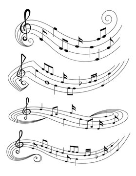 Set of music notes on staves. Music staff black notes symbols in rounded corners style. Abstract row of musical notes and chords collection. Vector musical notations