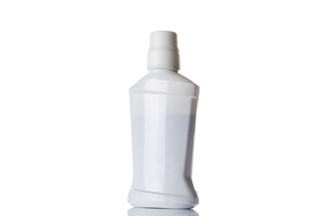Plastic bottle. Clear water shampoo blank cap isolated on white. Mineral cosmetic soap spray on...