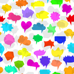 Seamless pattern with vector comic color speech bubbles on white background. Colorful banner, empty paper shape. Cartoon flat illustration for chat. Template frame. Hand draw style, dialog cloud.