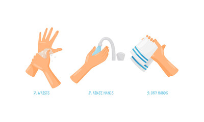 Human Hand Washing and Cleansing Skin Using Soap and Drying with Towel Vector Set