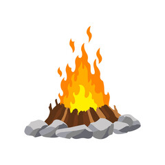 Fireplace campfire. Burning fire travel and adventure symbol. Vector bonfire or woodfire in cartoon flat style. A tourist bonfire in the stone border
