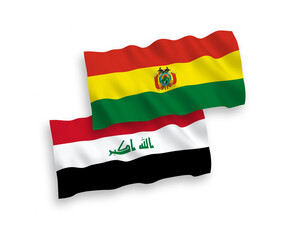 National vector fabric wave flags of Bolivia and Iraq isolated on white background. 1 to 2 proportion.