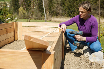 Woman screwing wooden frame for a raised garden bed. - 414441479