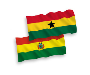 National vector fabric wave flags of Bolivia and Ghana isolated on white background. 1 to 2 proportion.