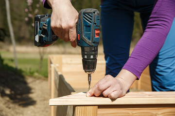 Woman screwing wooden frame for a raised garden bed. - 414441657