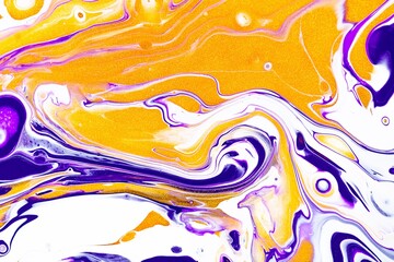 Fluid art texture. Abstract background with mixing paint effect. Liquid acrylic artwork with flows and splashes. Mixed paints for posters or wallpapers. Purple, white and golden overflowing colors