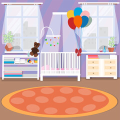 Room for the baby. Graphic drawing. Cartoon style. The room has a cot, changing table, shelf for clothes, toys, balloons. Can be used for web design.