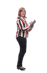 side view. smiling casual woman with clipboard
