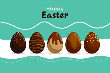 Greeting card with Easter eggs with different textures in the meadow. Spring holiday. Vector illustration. 