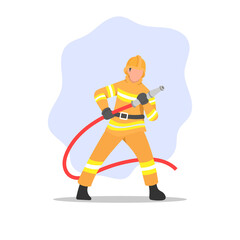 Male fireman holding hose. Firefighter in action. Fire extinguisher. Emergency service worker or employee. Dangerous job. Professional career. Man in uniform. Flat vector character illustration.