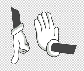Cartoon hands. Clipart arms in different posesand gesture. Goved hands. Coloring isolated illustration. Stop