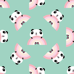 Kawaii panda rainbow seamless vector pattern background. Backdrop with cute black and white sitting cartoon bears holding on to pastel rainbows. Laughing and smiling animals. All over print for kids