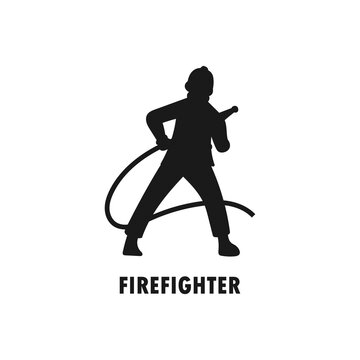Male fireman holding hose silhouette. Firefighter in action. Fire extinguisher logo. Emergency service worker or employee icon sign or symbol. Dangerous job. Professional career. Vector illustration.