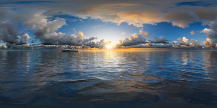 open water 360&deg; x 180&deg; vr panorama with a yacht