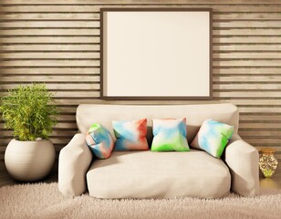 Empty frame template above couch with colour pillows. 3D rendering.