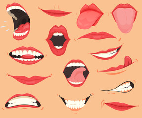Fototapeta na wymiar Mouth expressions. Lips with a variety of emotions, facial expressions. Female lips in cartoon style. Collection of gestures lips. Set of mouth cartoon funny and emotion. Red lipstick