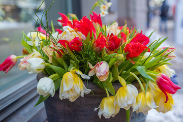 Multicolored bouquet of tulips on the street near a shop window. Winter time