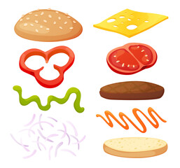 Burger ingredients diy collection. Set of isolated ingredients for build your own burger and sandwich. Sliced vegetables, sauces, bun and cutlet for burger. burger maker