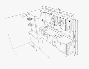 drawing, sketch of kitchen furniture with dimensions